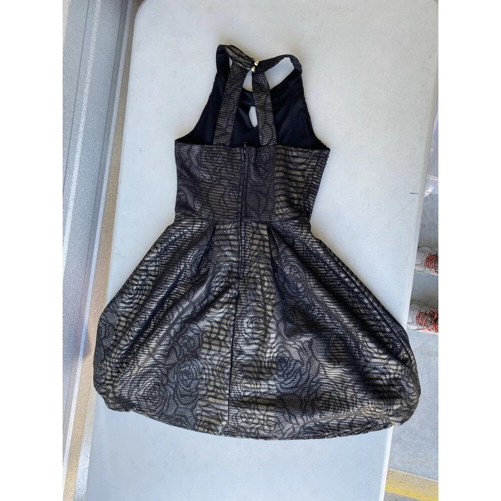 GB Girls Black Gold Metallic Rose Floral Halter Fit Flare Party Dress Medium